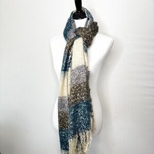 Italy Design Blue Gray Brown Striped Fringed Blanket Scarf Cashmere Feel